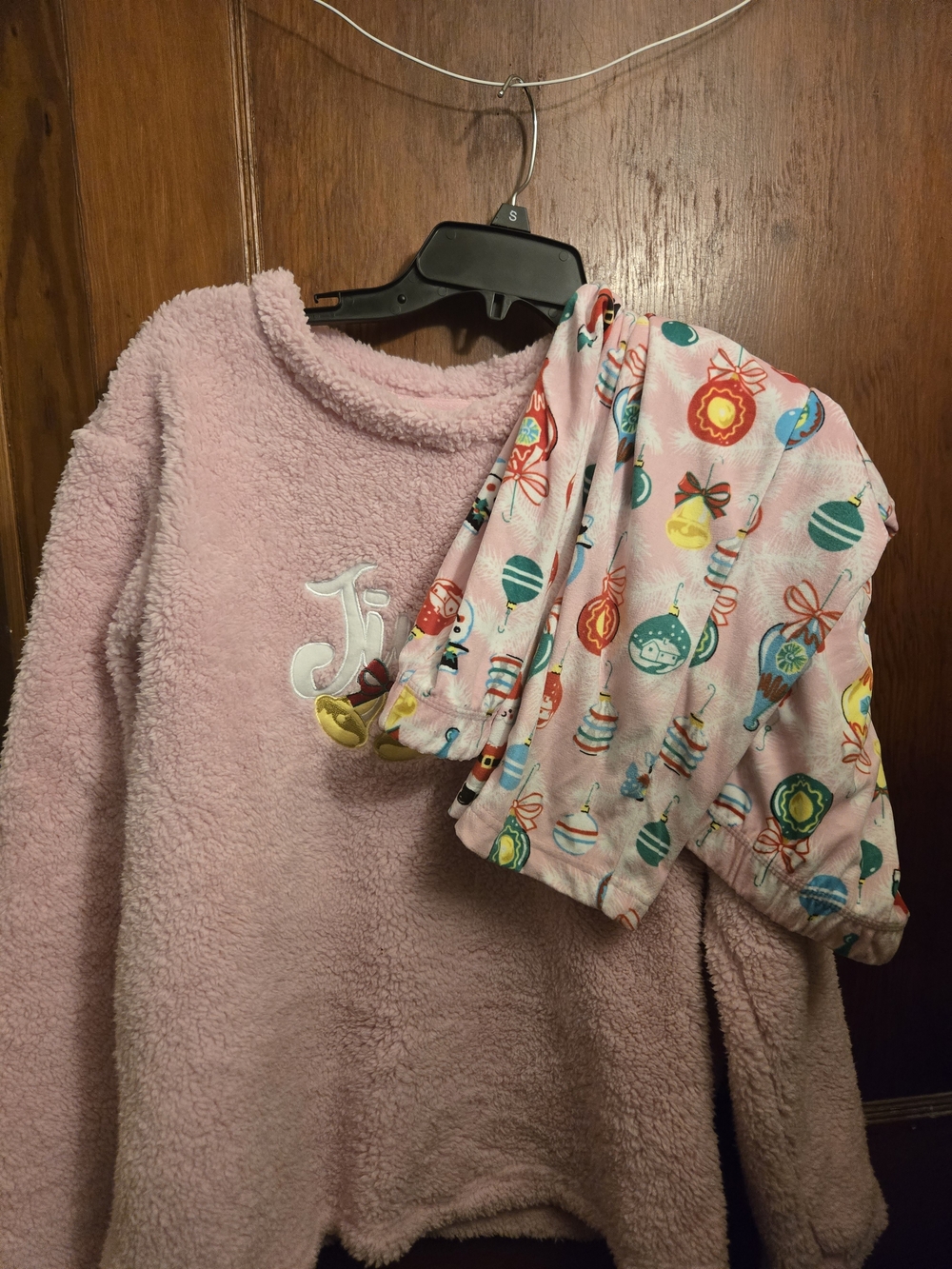 Holiday Time Pink Plush Sherpa Pullover with Ornament-Print Pajama Pants
